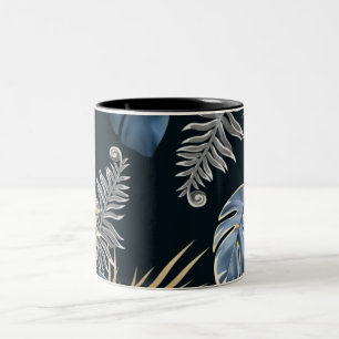 Blaue Gold-Tropen-Palmblatt-Muster-Kunst Zweifarbige Tasse