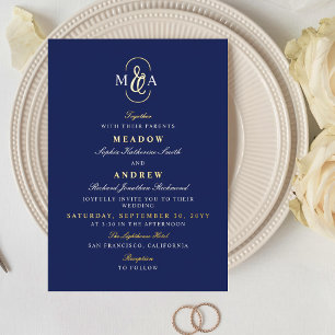 Blaue Gold-Typografie-Ein-Monogramm-Hochzeit Folieneinladung