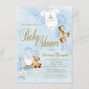 Blaue Gold-Wasserfarbe Jungen-Baby-Party Einladung