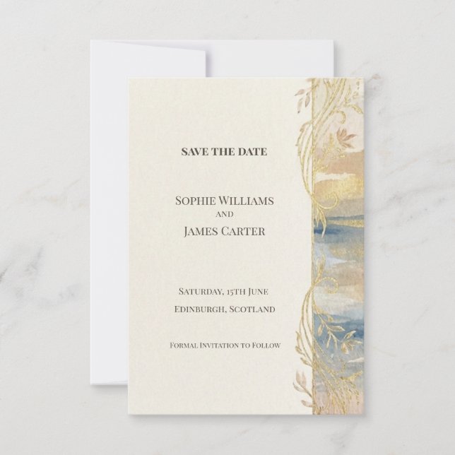 Blaue Gold-Wasserfarbe Save The Date Karte (Vorderseite)
