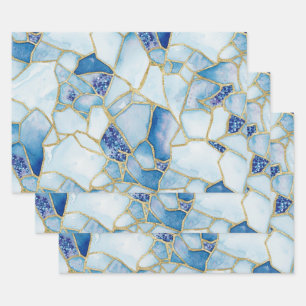 Blaue Gold-Wasserfarbe-Seeglas-Mosaikmuster Geschenkpapier Set
