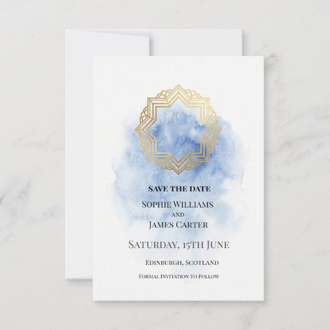 Blaue Gold-Wasserfarben-Hochzeit Save The Date (Vorderseite)