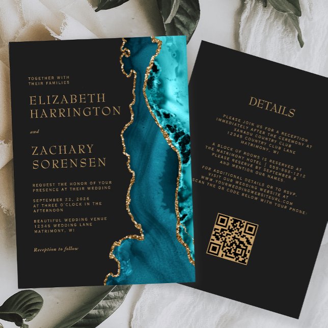 Blaue Goldachat QR-Code Hochzeit Einladung (Von Creator hochgeladen)