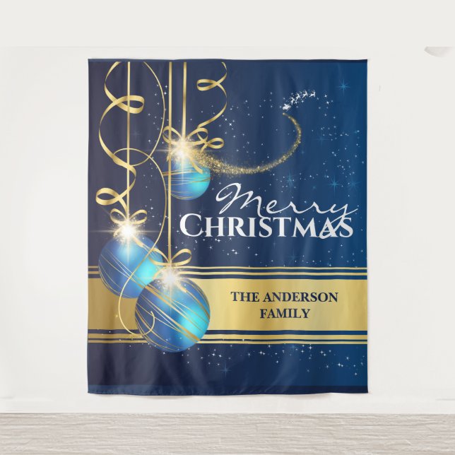 Blaue Goldbälle Weihnachtsrentiere Weihnachtswünsc Wandteppich (Vorderseite)