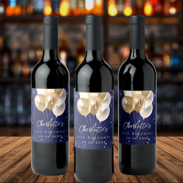 Blaue Goldballons des Glitzer Weinetikett (Von Creator hochgeladen)