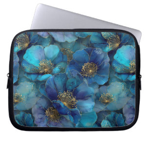 Blaue Goldene Abstrakte Aquarell-Blumen Laptopschutzhülle