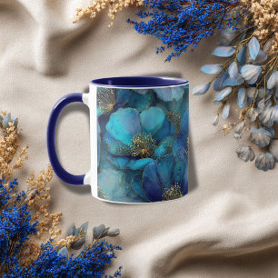 Blaue Goldene Abstrakte Aquarell-Blumen Tasse