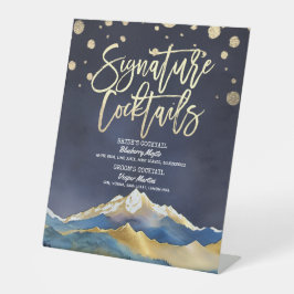 Blaue goldene Berge Hochzeit Signature Drink Menü Sockelschild