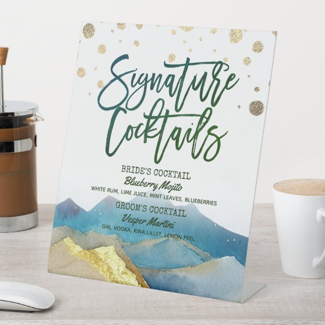 Blaue goldene Berge Hochzeit Signature Drink Menü Sockelschild (In Situ)