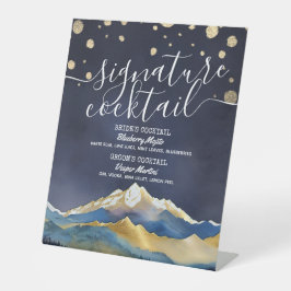 Blaue goldene Berge Hochzeit Signature Drink Menü Sockelschild