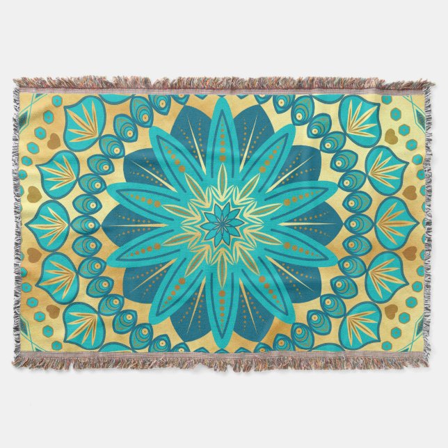 Blaue Goldene Blumenmandala Decke (Vorderseite)