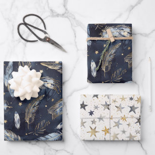 Blaue Goldene Federn Sterne Geburtstag Geschenkpapier Set