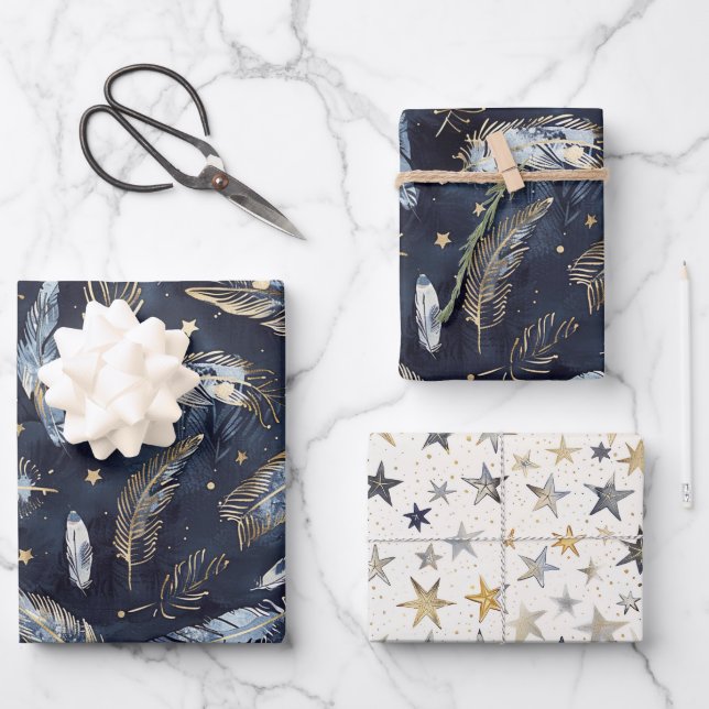 Blaue Goldene Federn Sterne Geburtstag Geschenkpapier Set (Vorderseite)