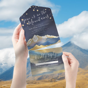 Blaue goldene Foil Gebirge Hochzeit RSVP All In One Einladung