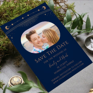Blaue Goldene Himmlische Mondphasen-Hochzeitsfoto Save The Date