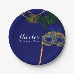 Blaue & Goldene Pfauen-Maskerade individuell anpas Pappteller