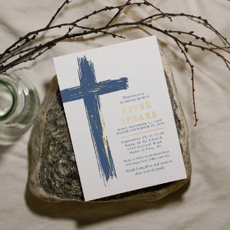 Blaue & Goldene Pinselstrich-Kreuz-Trauer-Gedenkfe Folieneinladung