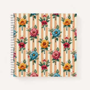 Blaue Goldene Rosa Blumen auf Beigen Streifen Notizbuch