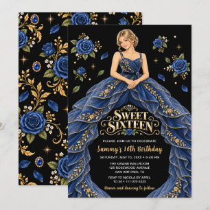 Blaue Goldene Rosen Sweet Sixteen Geburtstag Einladung