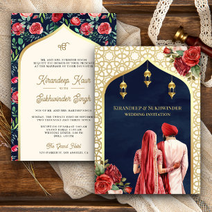 Blaue Goldene Rote Rose Florale Anand Karaj Sikh H Einladung