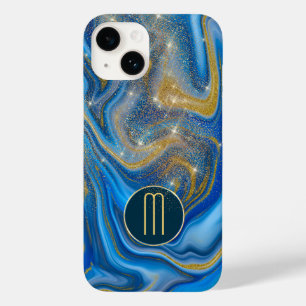 Blaue goldene Swirle-Monogramm Case-Mate iPhone 14 Hülle