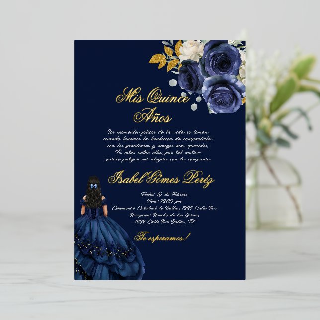 Blaue Goldfolie quinceañera Folieneinladung (Stehend vorne)