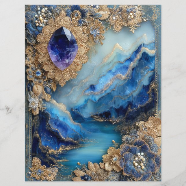 Blaue Goldlandschaft Junk Journal Scrapbook Papier (Vorderseite)