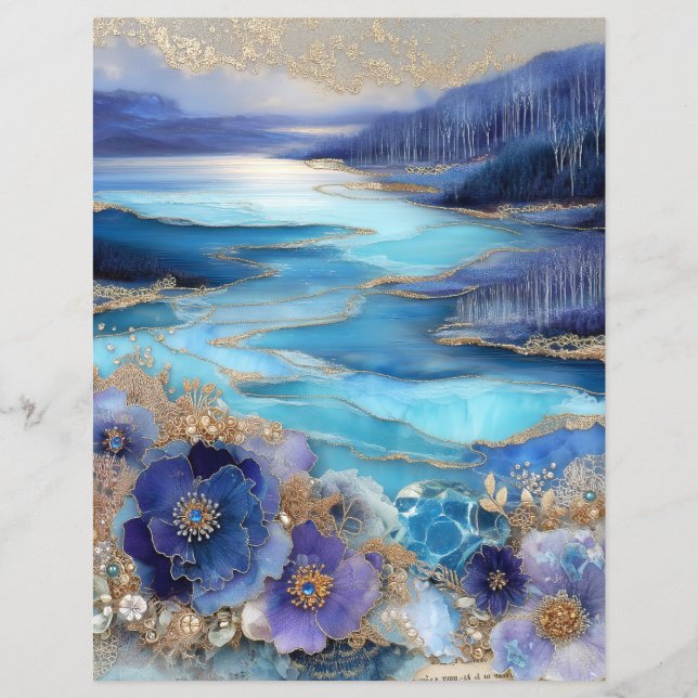 Blaue Goldlandschaft Junk Journal Scrapbook Papier (Vorderseite)