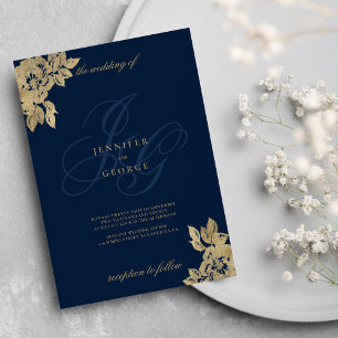 Blaue Goldmonogramm-Initialen Einladung