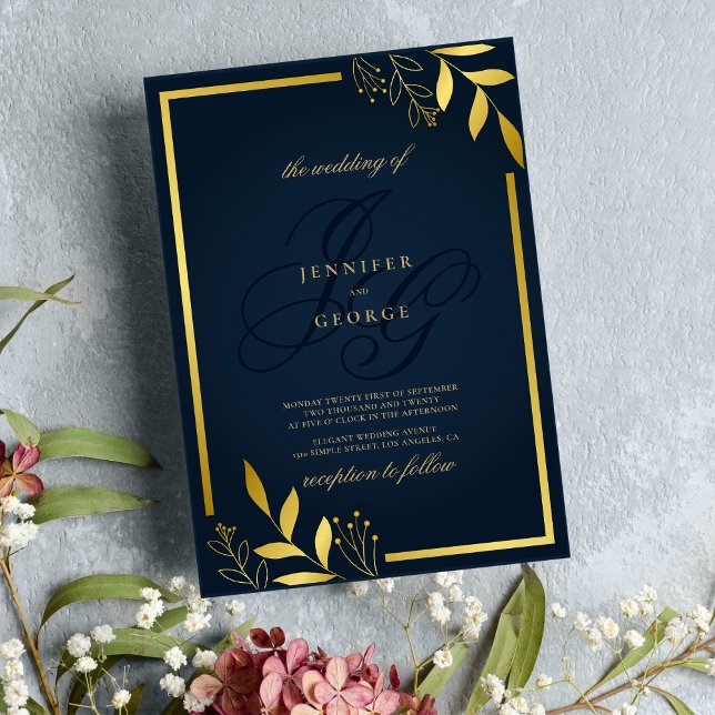 Blaue Goldmonogramm-Initialen Einladung (Navy blue gold monogram initials floral wedding )