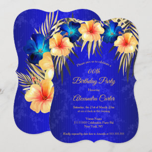 Blaue Goldpalmen Hibiskus Damast Geburtstagsfeier Einladung