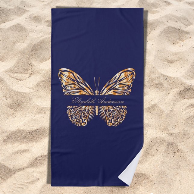 Blaue Goldschmetterlingsskripte Strandtuch (Von Creator hochgeladen)