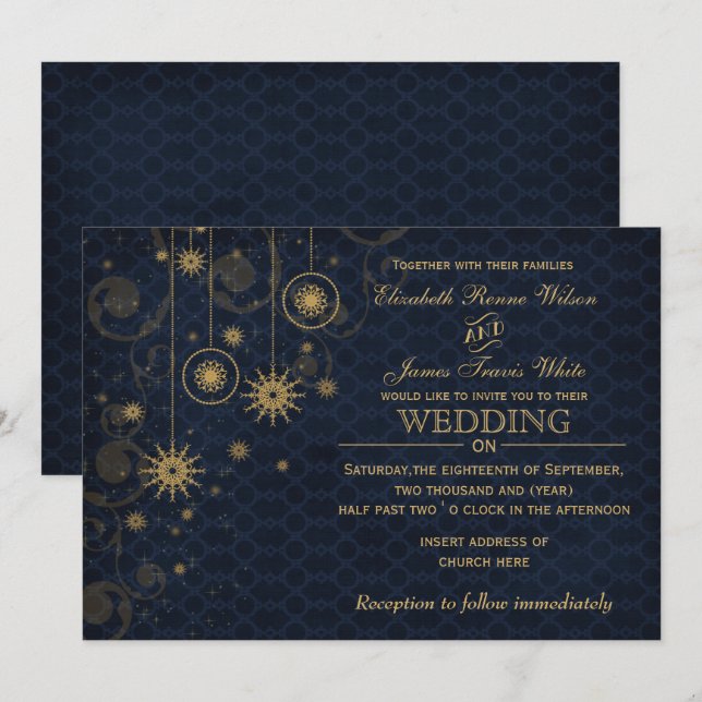 Blaue Goldschneeflocken Wintereinladungen Einladung (Vorne/Hinten)
