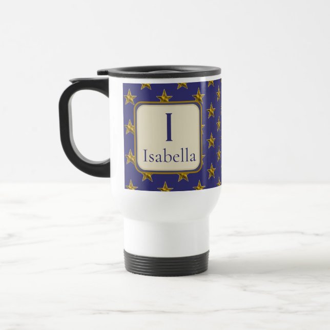 Blaue Goldsterne Erster Name Monogramm Initiale  Reisebecher (Links)