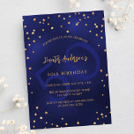 Blaue Goldsterne Party Nummer Einladungspostkarte<br><div class="desc">Eine glamouröse Geburtstagsfeier für ihn und sie. Ein marineblau mit goldenen Sternen dekorierter Hintergrund mit Imitaten. Die blaue Farbe ist ungleichmäßig. Personalisieren und fügen Sie einen Namen und Party-Details hinzu. Golden farbiger Text. Eine große Alterszahl als Wasserzeichen.</div>