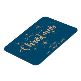 Blaue Goldsterne-Typografie Name Frohe Weihnachten Magnet