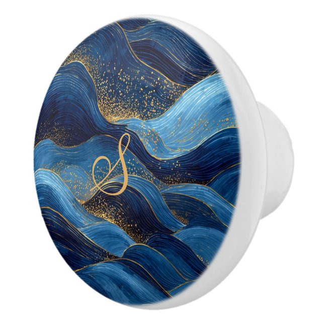 Blaue Goldwelle Monogramm-Kunstdesign Keramikknauf (Rechts)