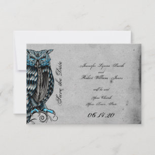 Blaue gotische Eule stilvolle Hochzeit Termin vorm Save The Date