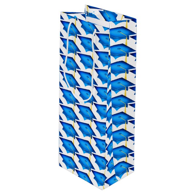 blaue Graduierungskappen mit Goldfäden Geschenktüte Für Weinflaschen (Vorderseite Schrägansicht)