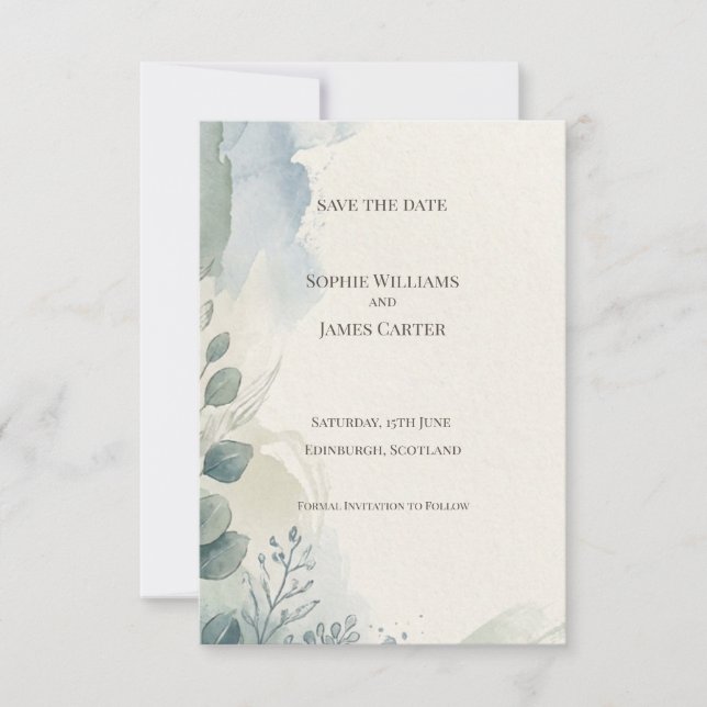 Blaue Graue Eukalyptus-Save-The-Date-Karte Save The Date (Vorderseite)