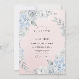 Blaue Graue Florale Pinselstrich-Hochzeit Einladung