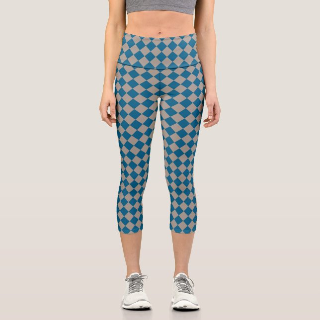 Blaue graue Karo-Diamant-Muster Capri Leggings (Vorderseite)