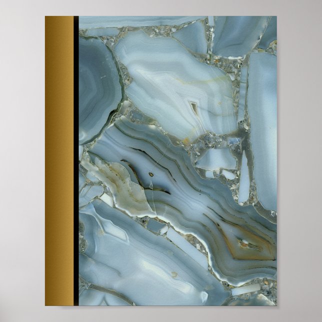 Blaue graue Marmorplatte / Schwarze goldene Grenze Poster (Vorne)