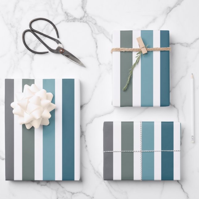 Blaue Graue Streifen Geschenkpapier Set (Vorderseite)