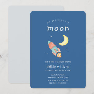 Blaue graue Über-den-Mond-Rakete-Baby-Party Einladung