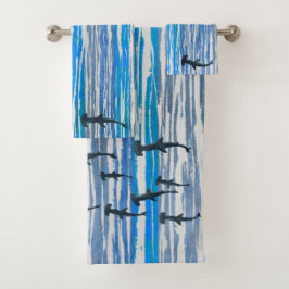 Blaue, graue und weiße Streifen und Haie Badhandtuch Set