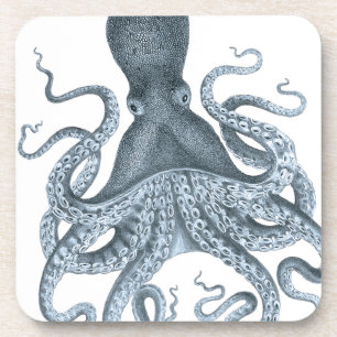 Blaue graue Vintage-Oktopus-Illustration Getränkeuntersetzer