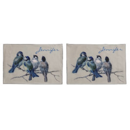 Blaue graue Vögel in einer Zweigstelle Vintag Kissenbezug