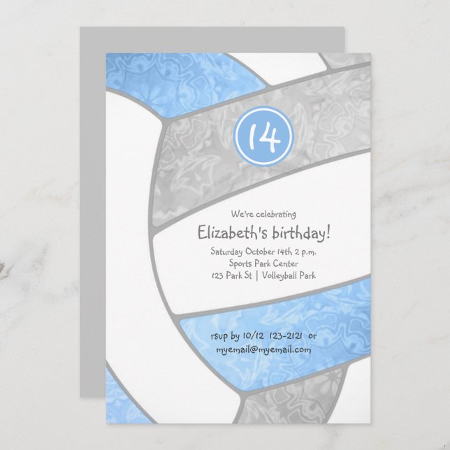 Blaue graue Volleyballmädchen-Sportfeier Einladung (Vorne/Hinten)