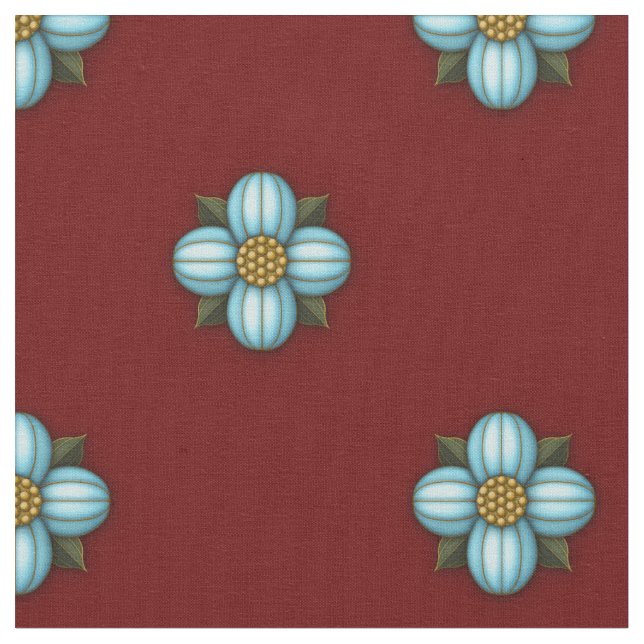 Blaue grausame Blume auf dunkelrot Stoff (Nahaufnahme)